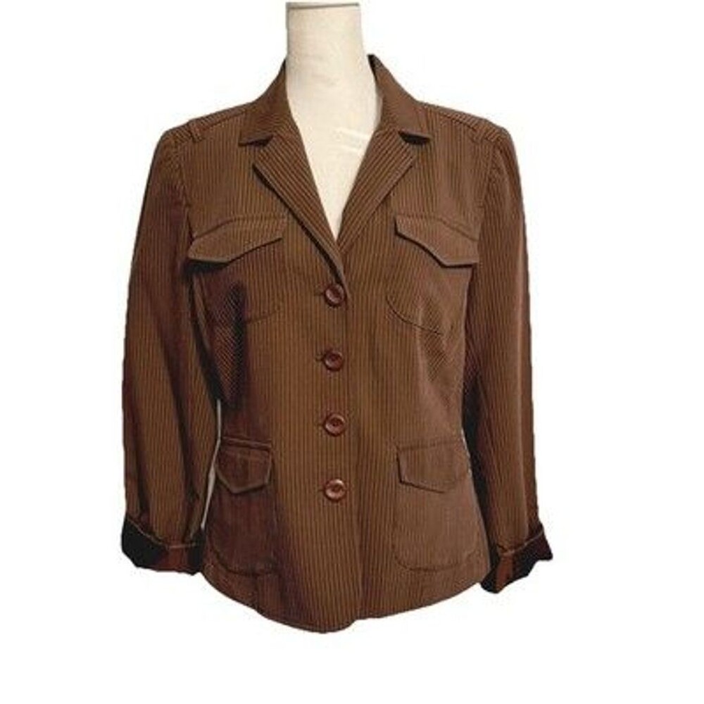 Anthropologie Tapemeasure Brown Pin Striped Blazer Jacket Size 10 Flattering Fit